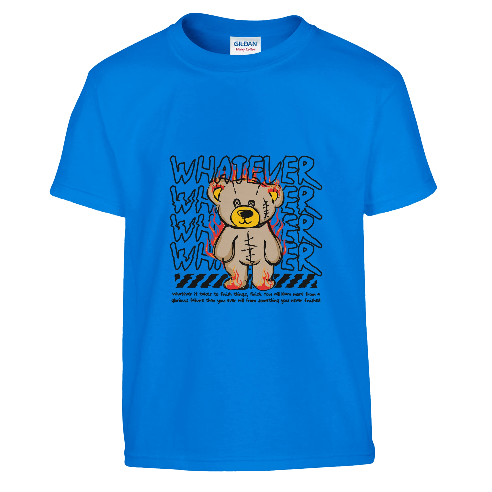 Blue t-shirt with a teddy bear graphic and text on a white background