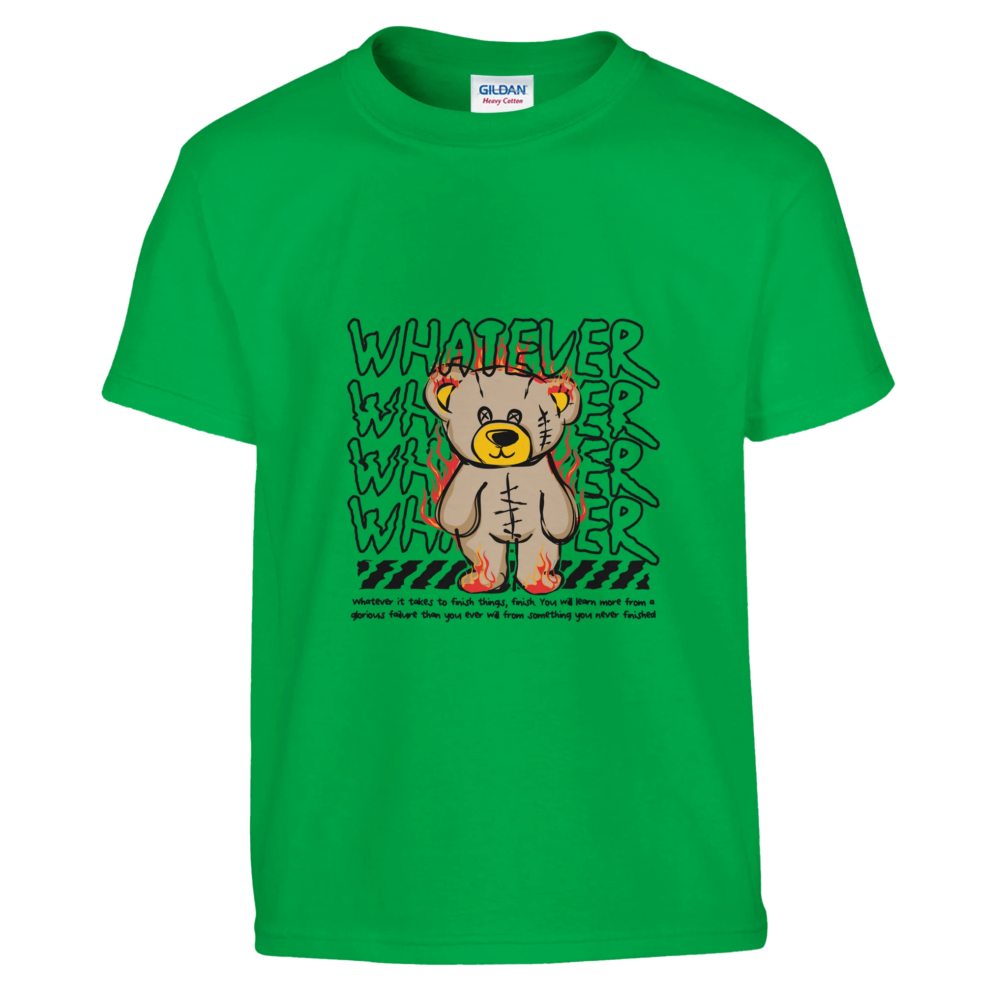 Green t-shirt with a cartoon bear and text on a white background