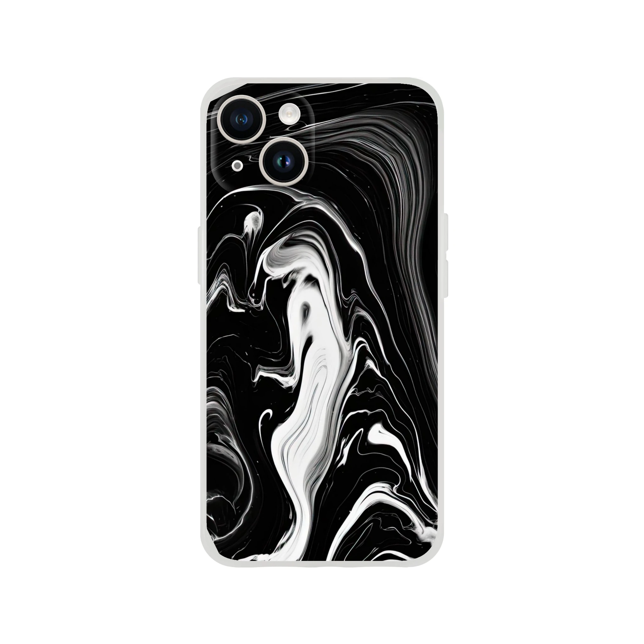 Phone case with black and white abstract design on a white background