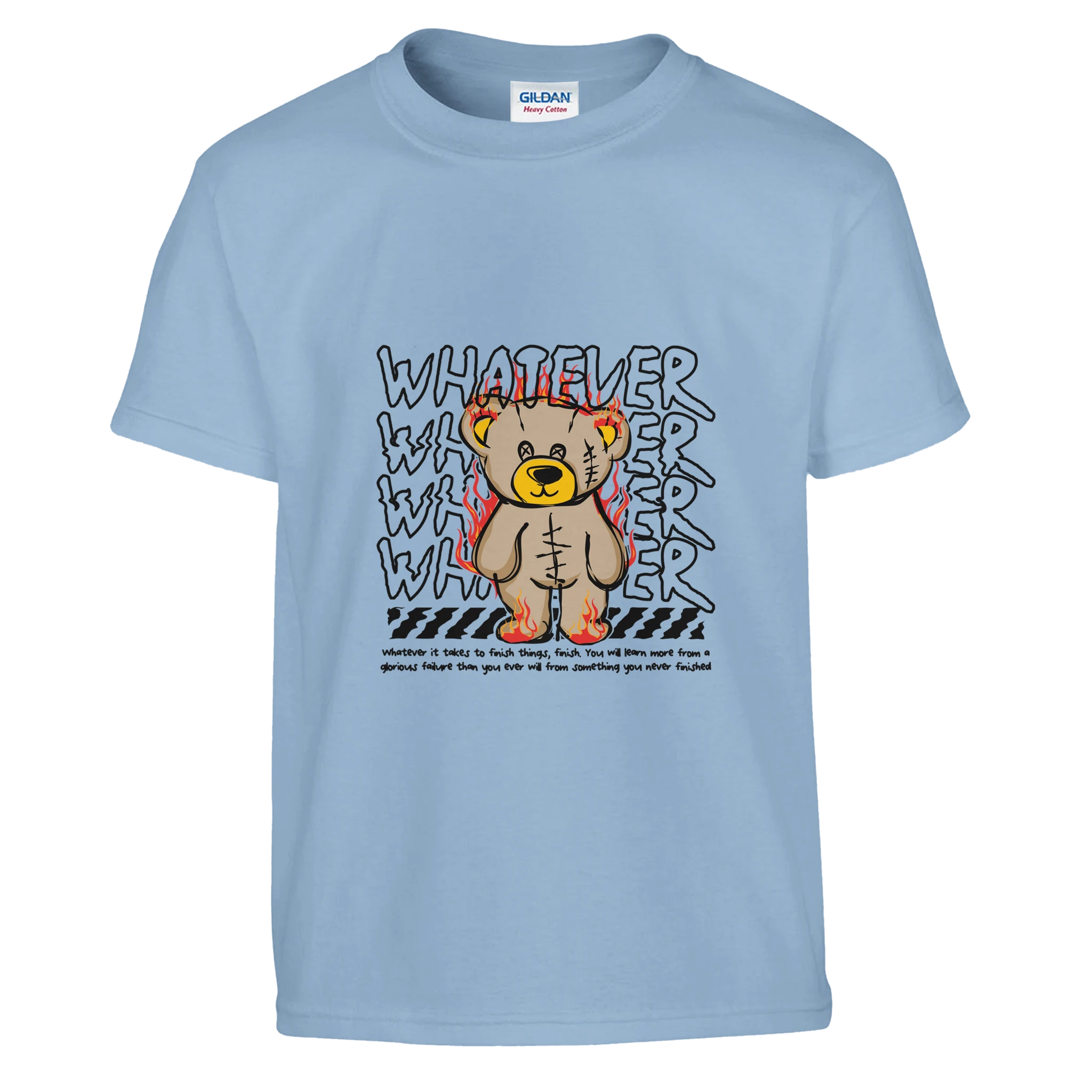 Light blue t-shirt with a teddy bear graphic and text on a white background