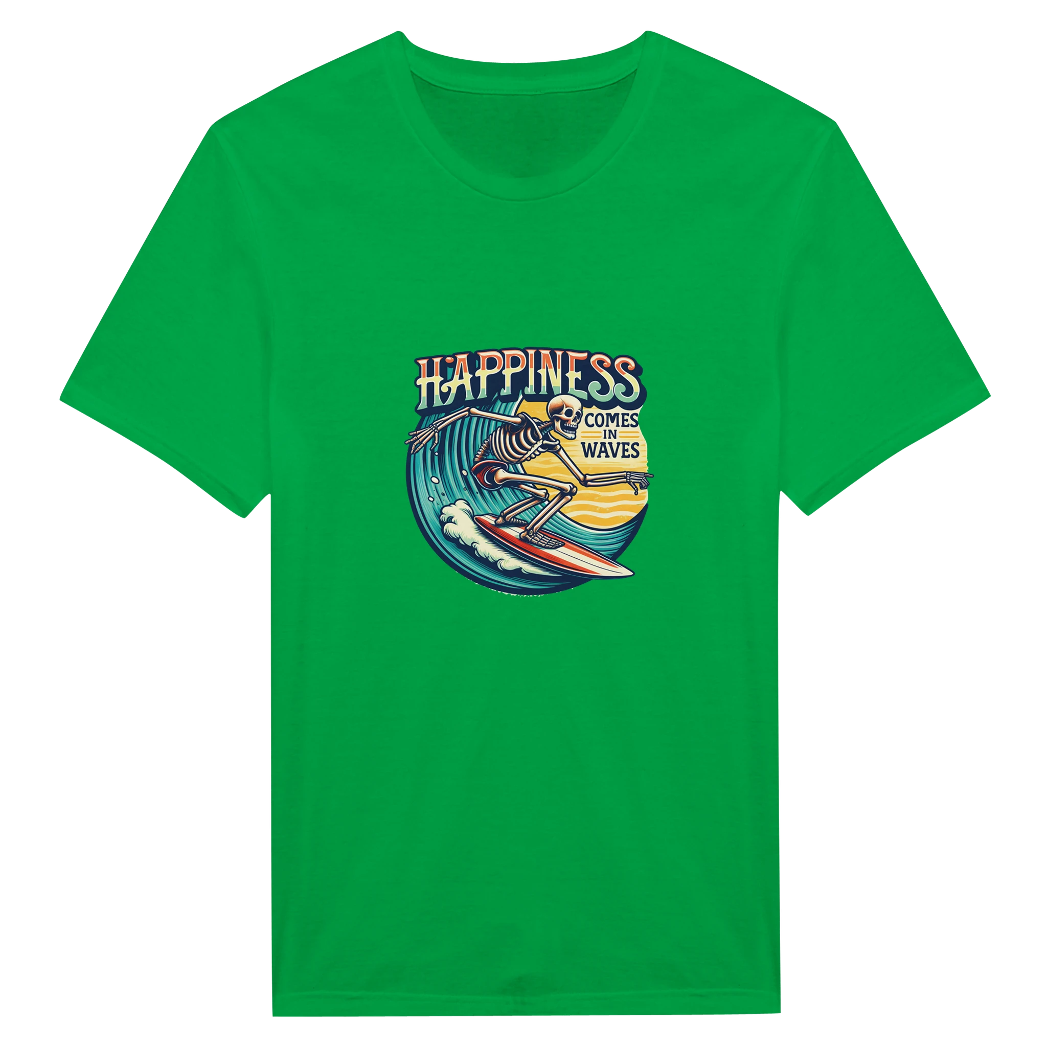 Green t-shirt with a graphic design and text on a white background