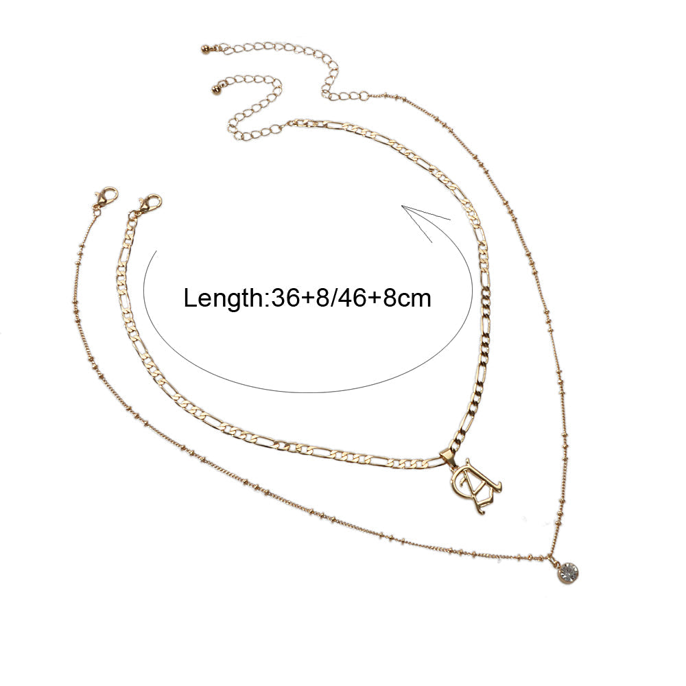 2 pcs Gold Chain Rhinestone Letter A Pendant Double Layer Necklace Women Jewelry
