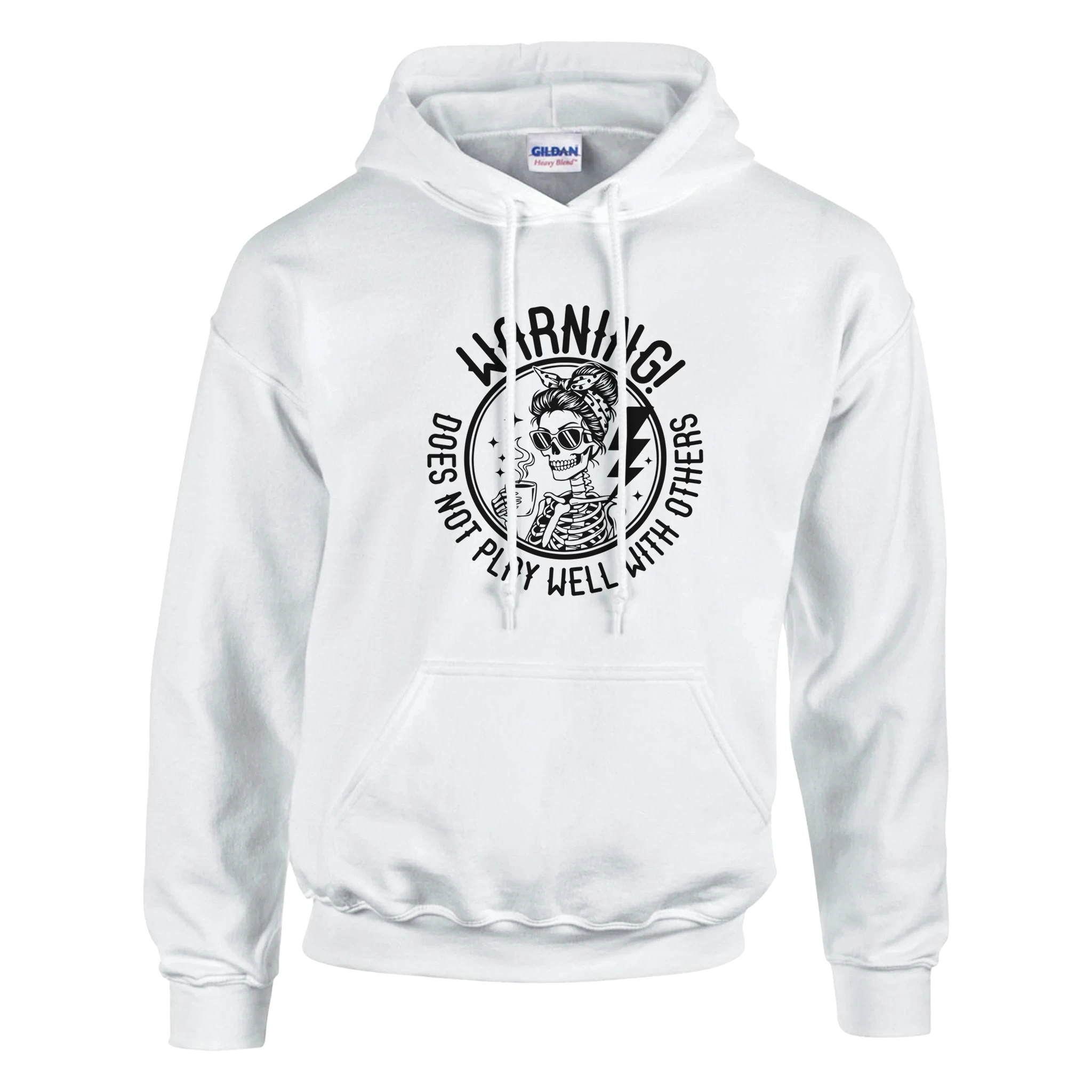 White hoodie with black graphic and text on a white background
