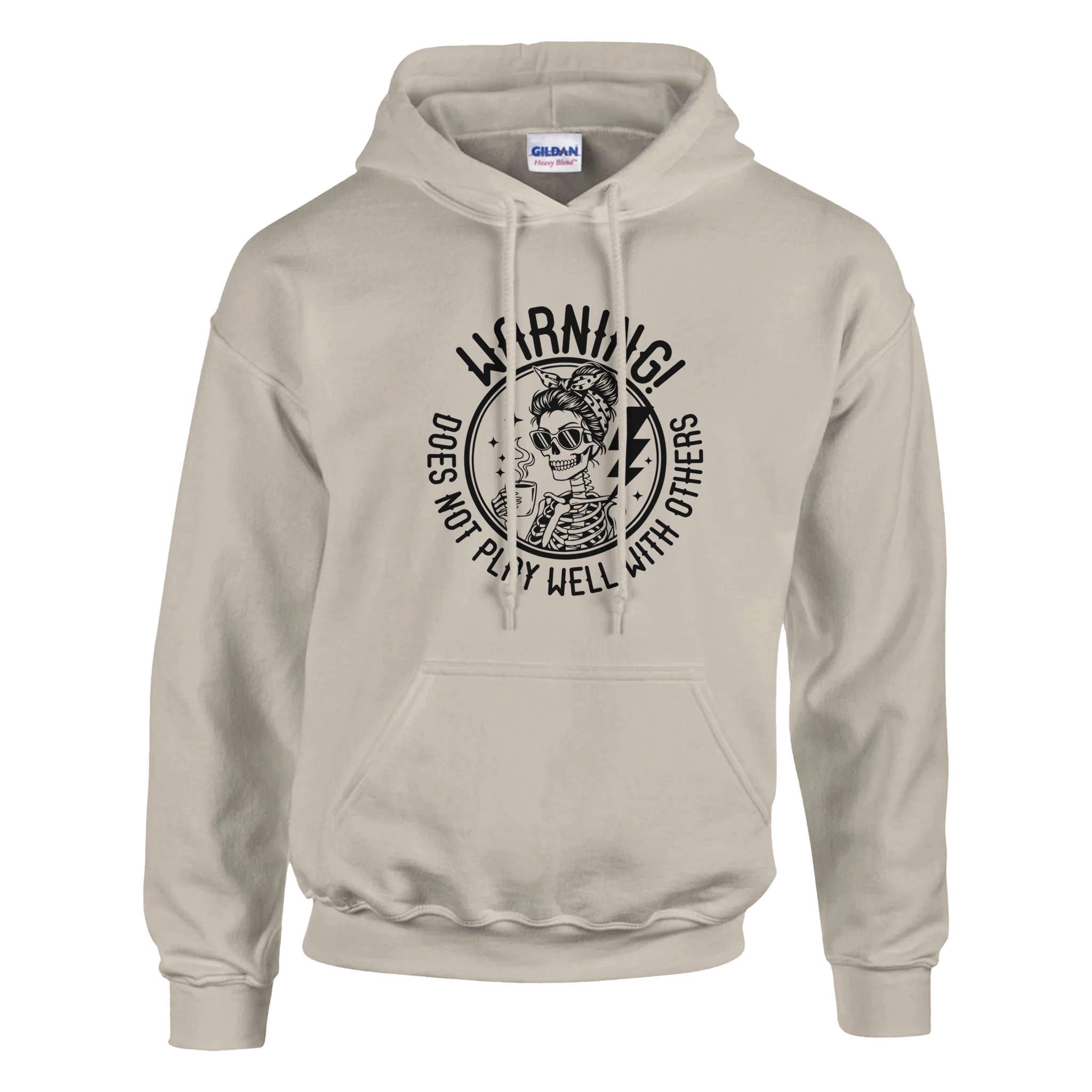 Beige hoodie with graphic design and text on a white background