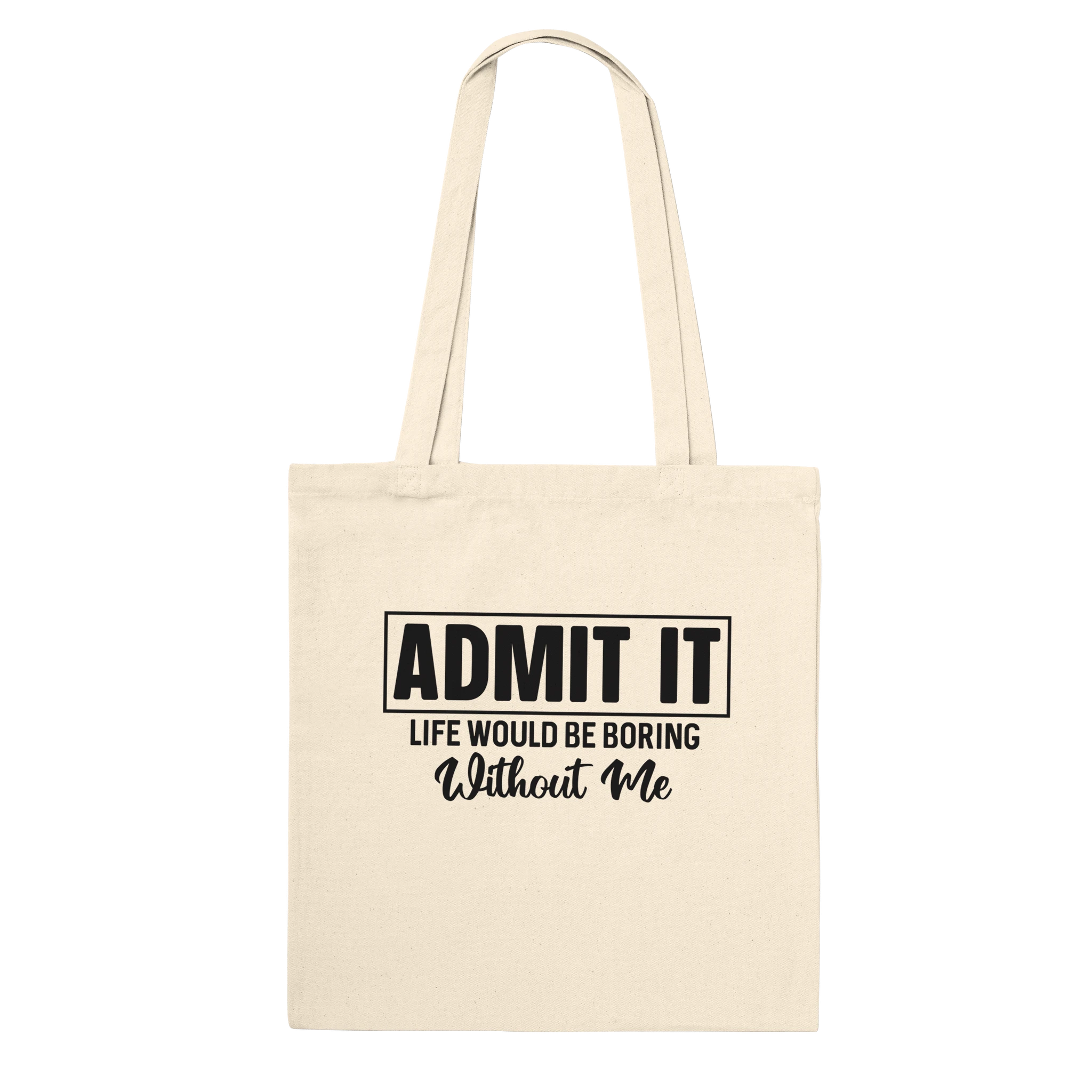 Beige tote bag with black text on a white background