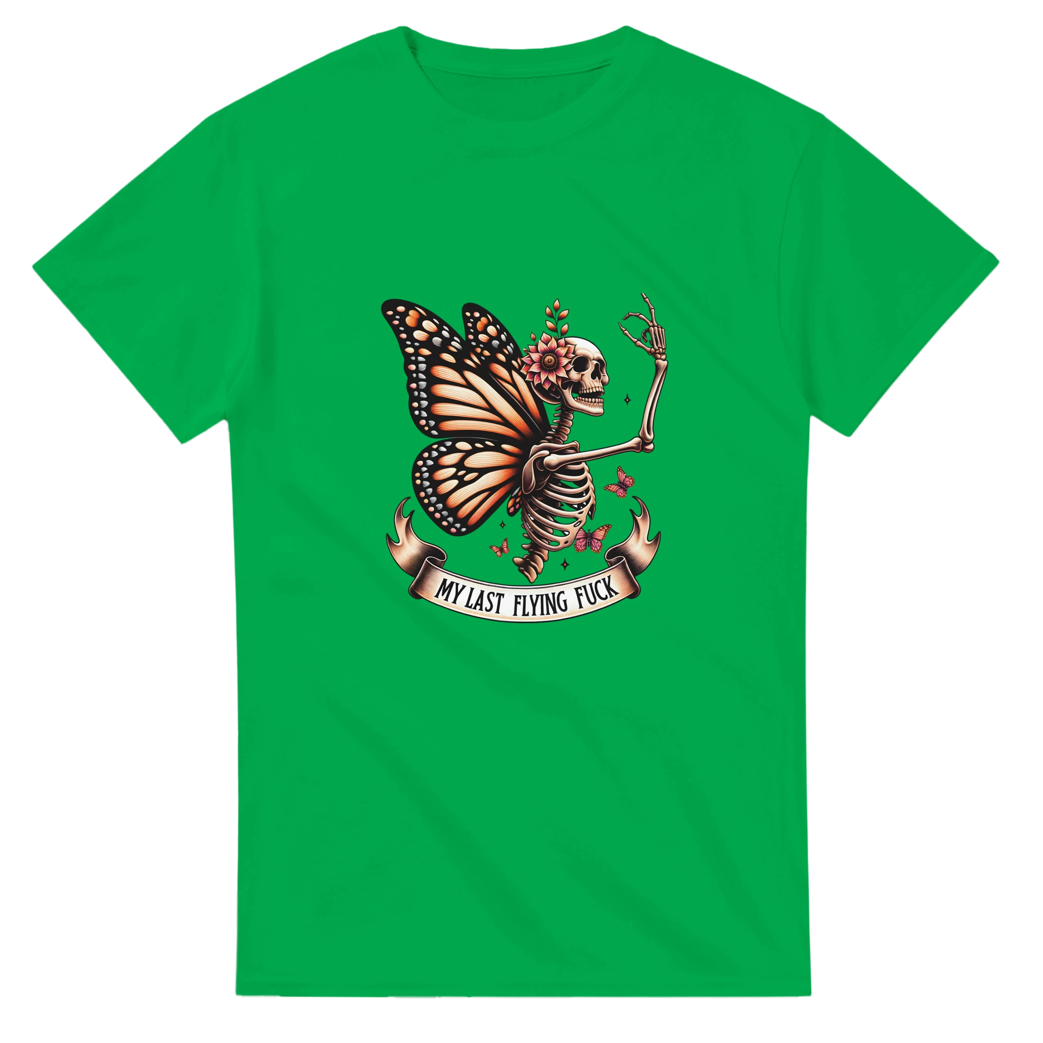 Green t-shirt with a skeleton and butterfly design on a white background