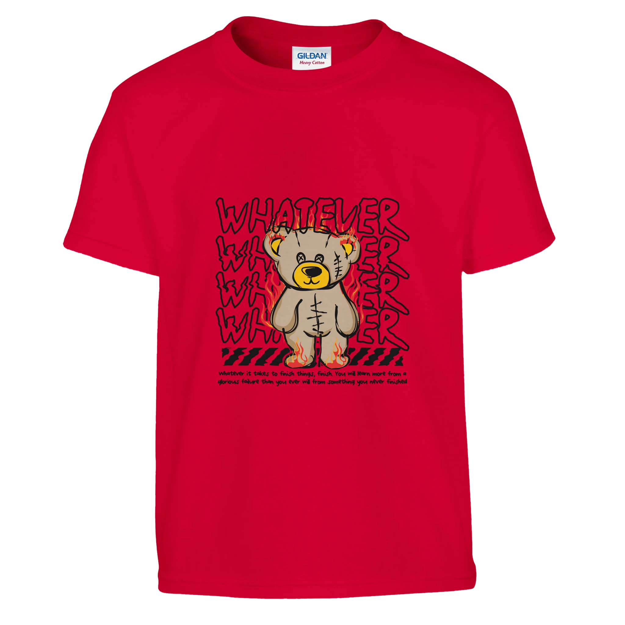 Red t-shirt with a teddy bear graphic and text on a white background