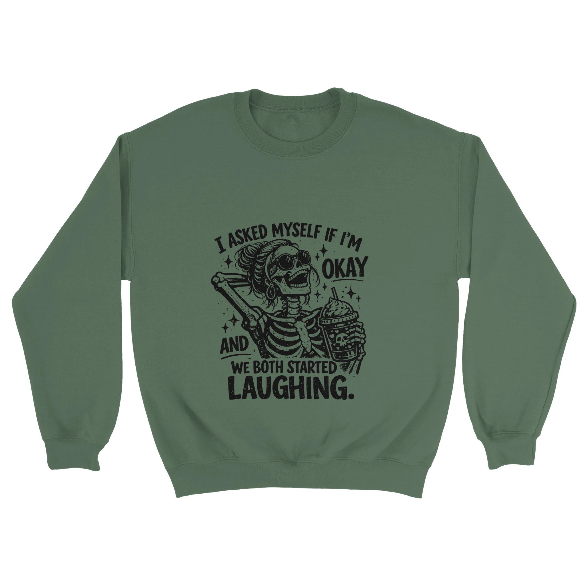 Green sweatshirt with skeleton graphic and text on a white background