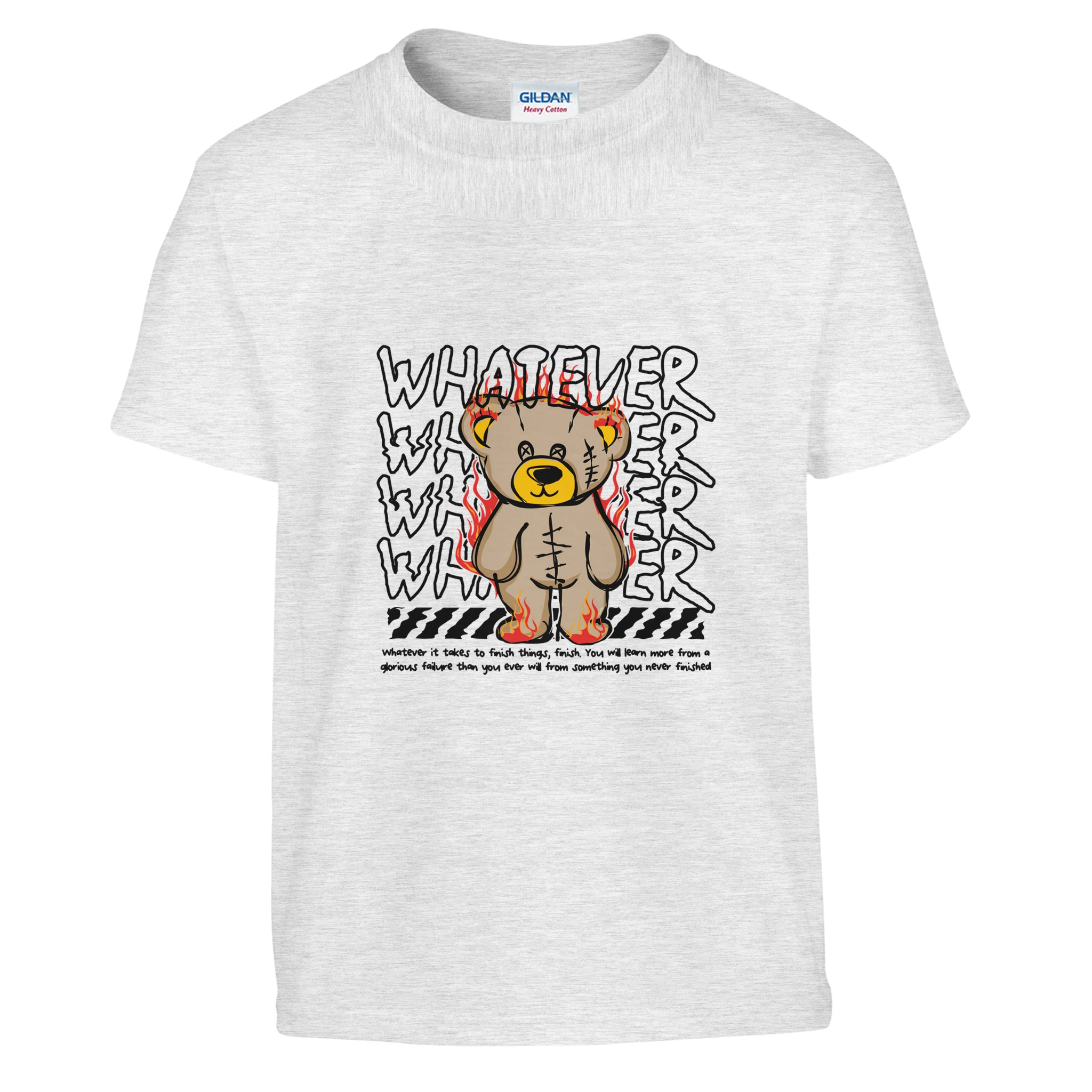 White t-shirt with a teddy bear graphic and text on a white background