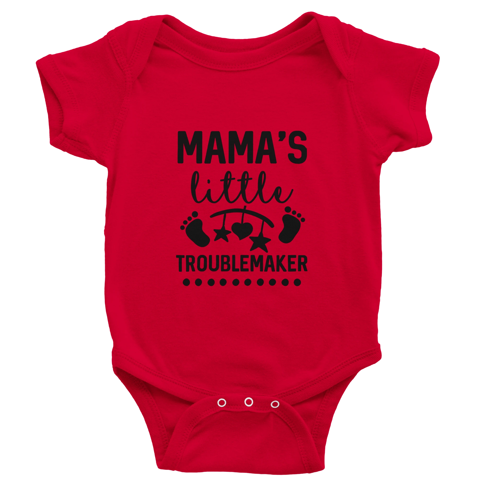 Red baby onesie with black text and footprints on a white background