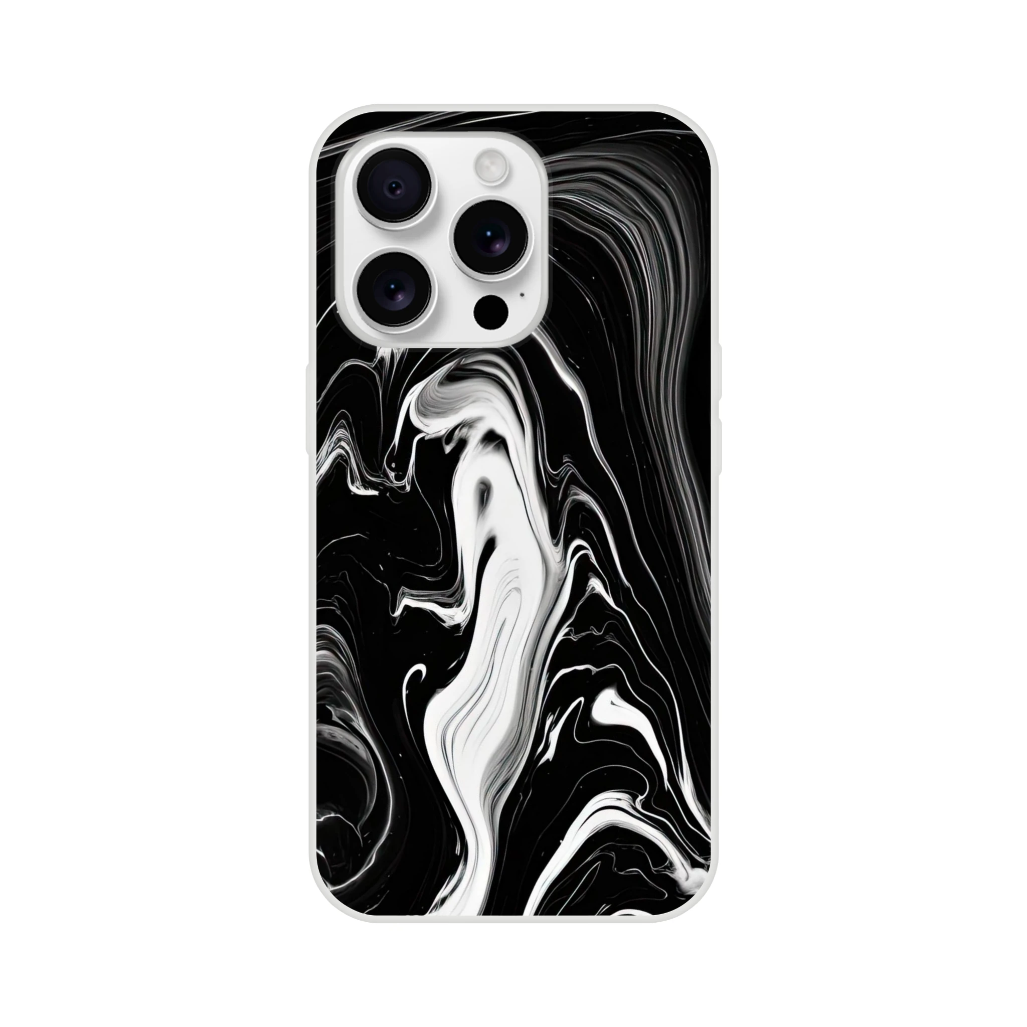 Phone case with black and white marble pattern on a white background