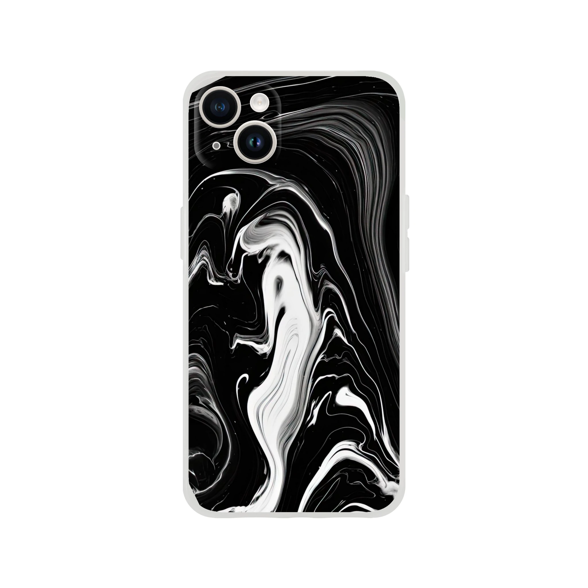Phone case with black and white marble pattern on a white background