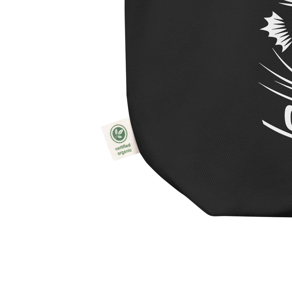 Black product with a certification label on a white background