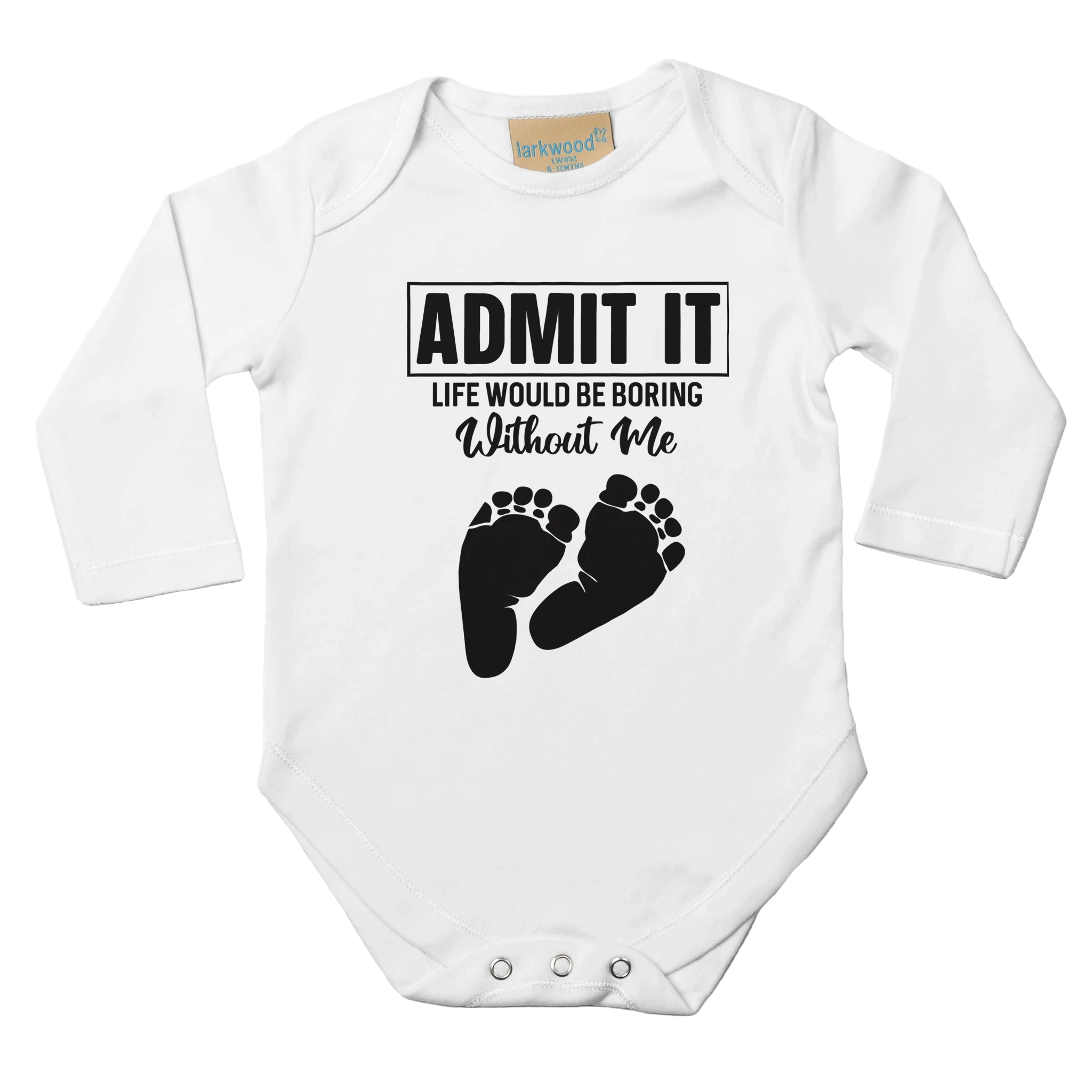White baby onesie with black text and footprints on a white background
