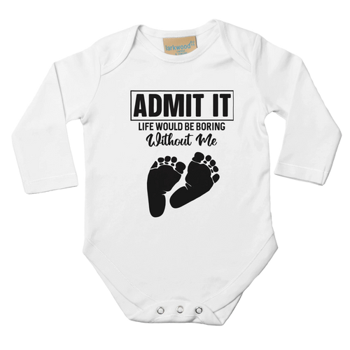 White baby onesie with black text and footprints on a white background