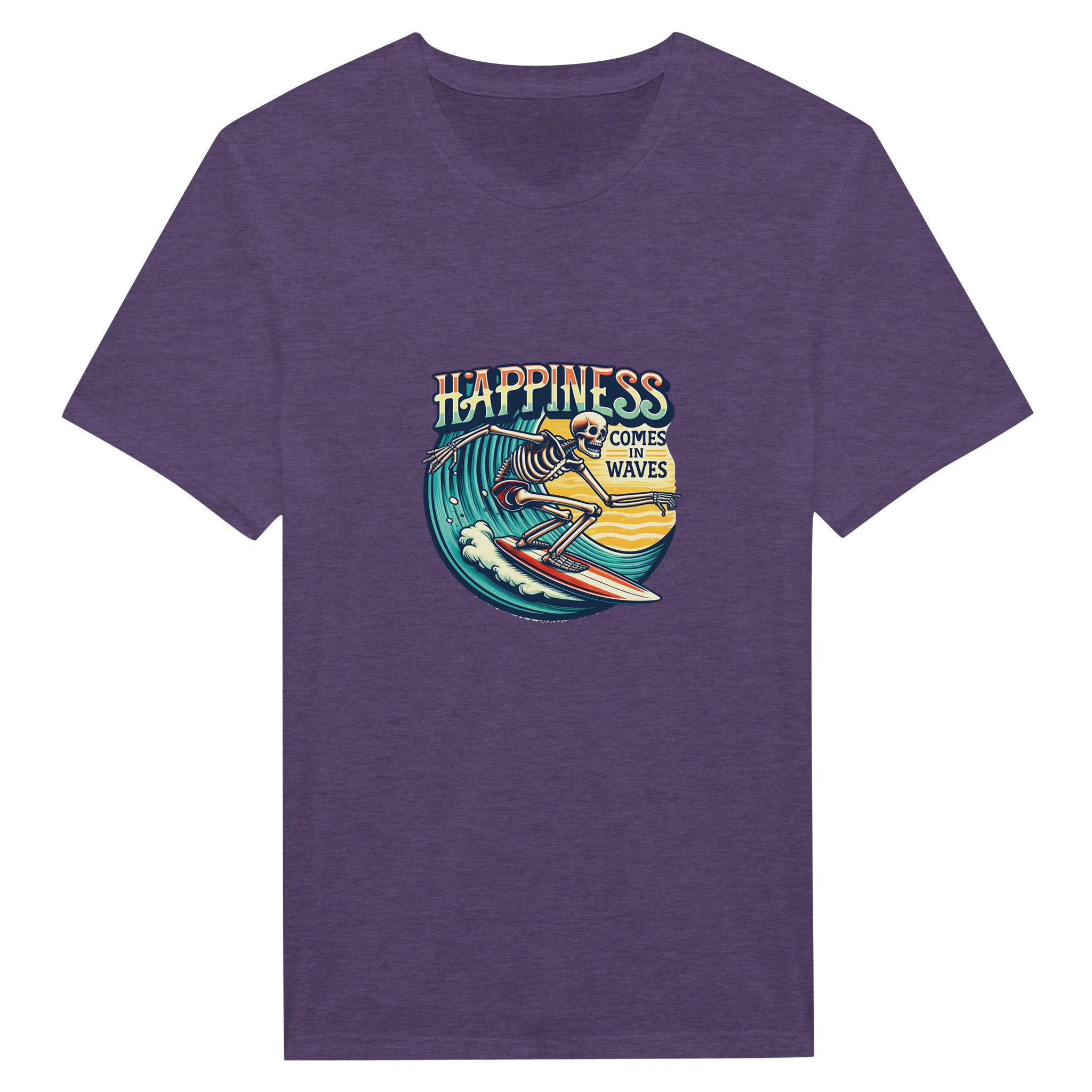 Purple t-shirt with a graphic design of a skeleton surfing and text 'Happiness Comes in Waves' on a white background.