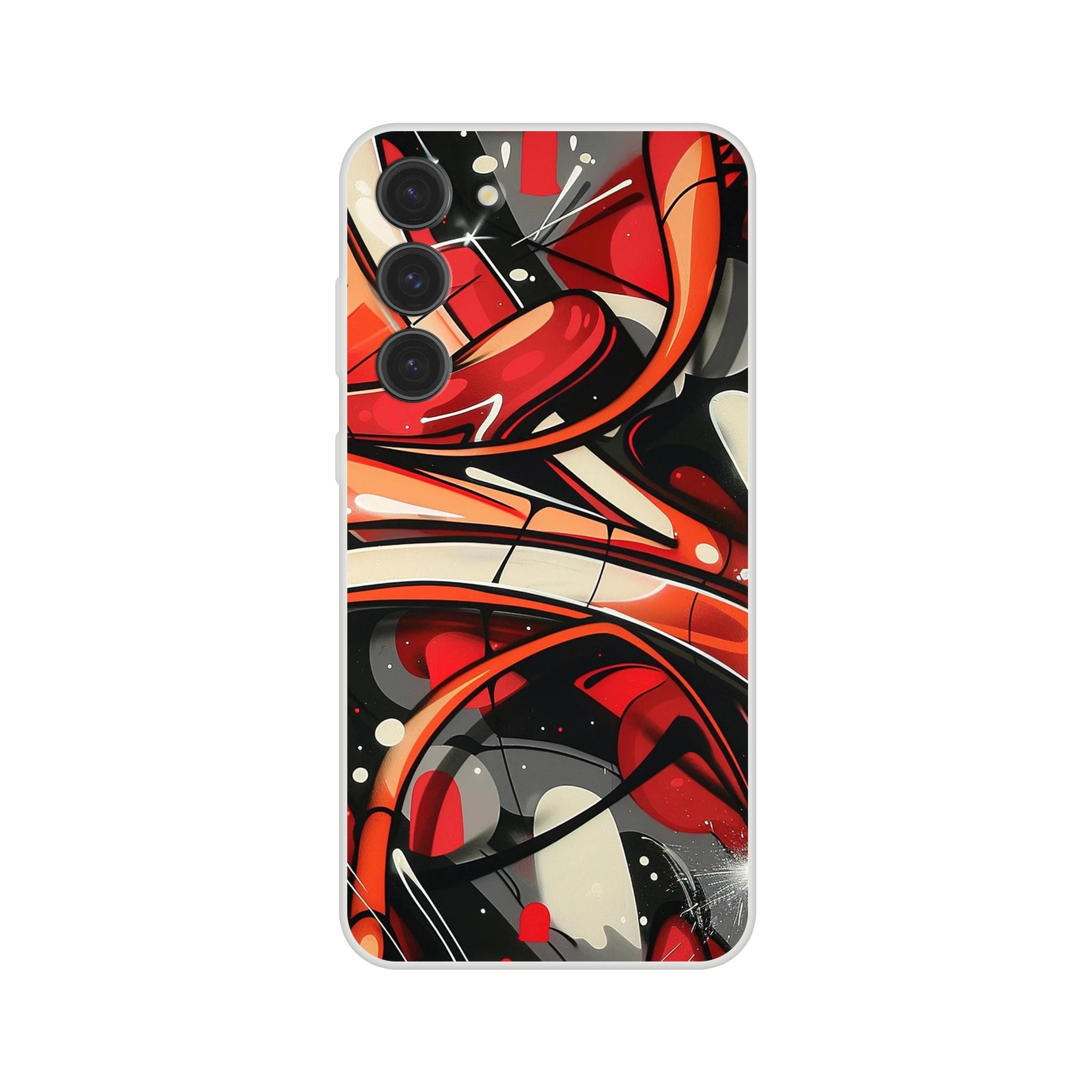 Phone case with abstract design featuring red, black, and orange colors on a white background