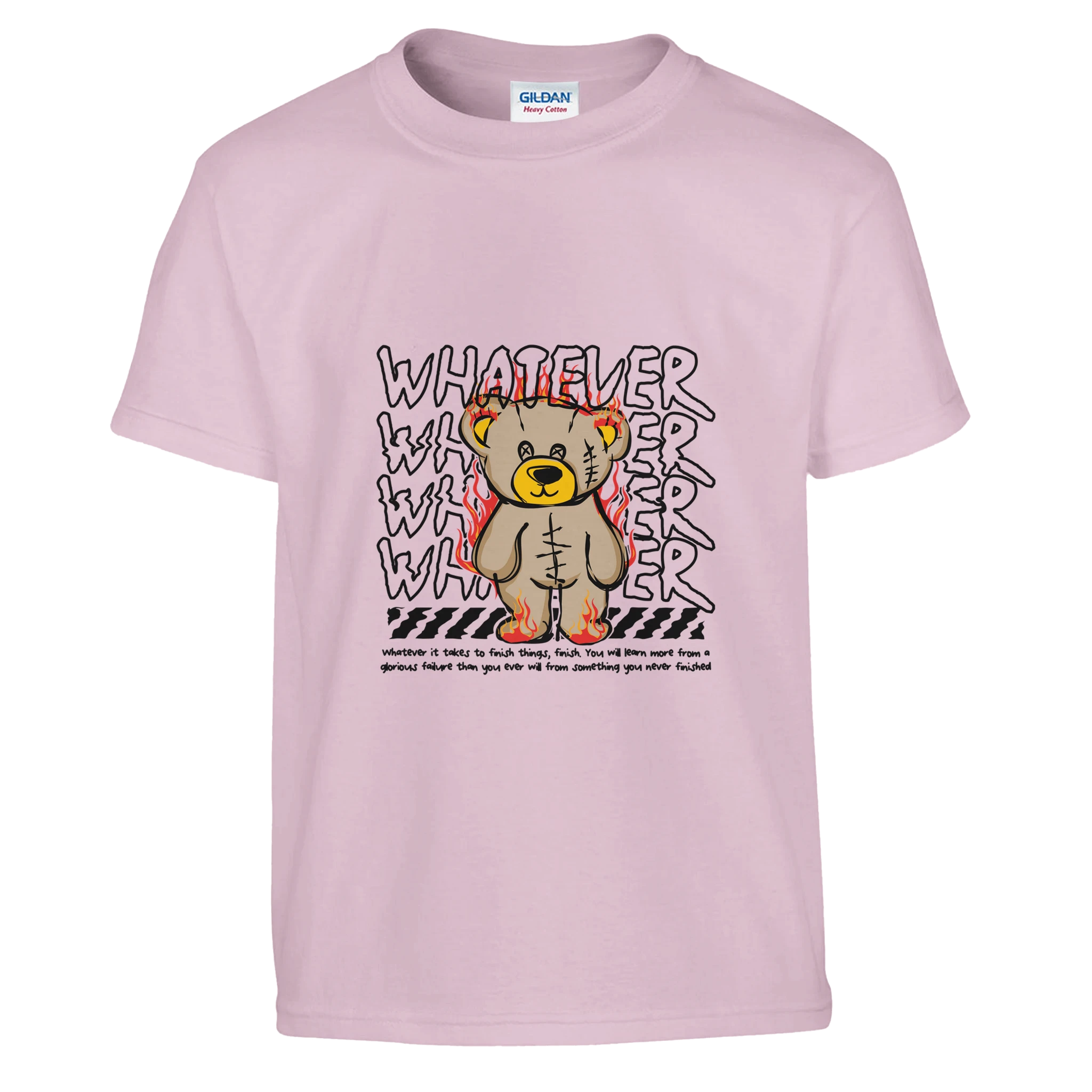 Pink t-shirt with a teddy bear graphic and text on a white background