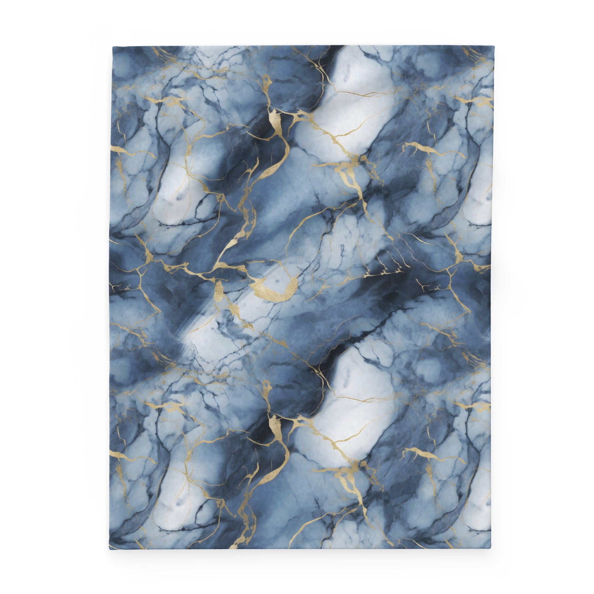 A rectangular wall art print featuring a blue marble pattern with white veining and metallic gold accents, displayed against a clean white background.