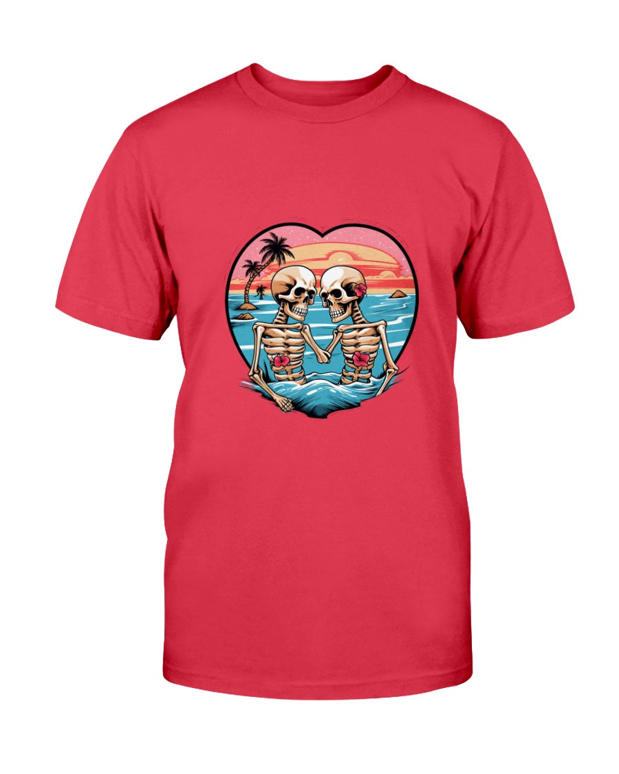 Red t-shirt with a heart-shaped graphic of two skeletons on a beach.