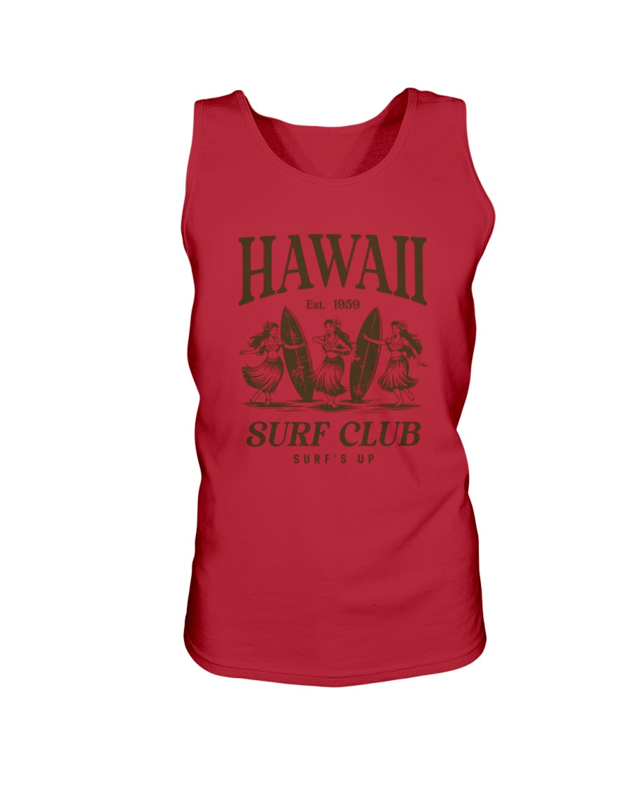 Red tank top with 'Hawaii Surf Club' text and graphics on a white background
