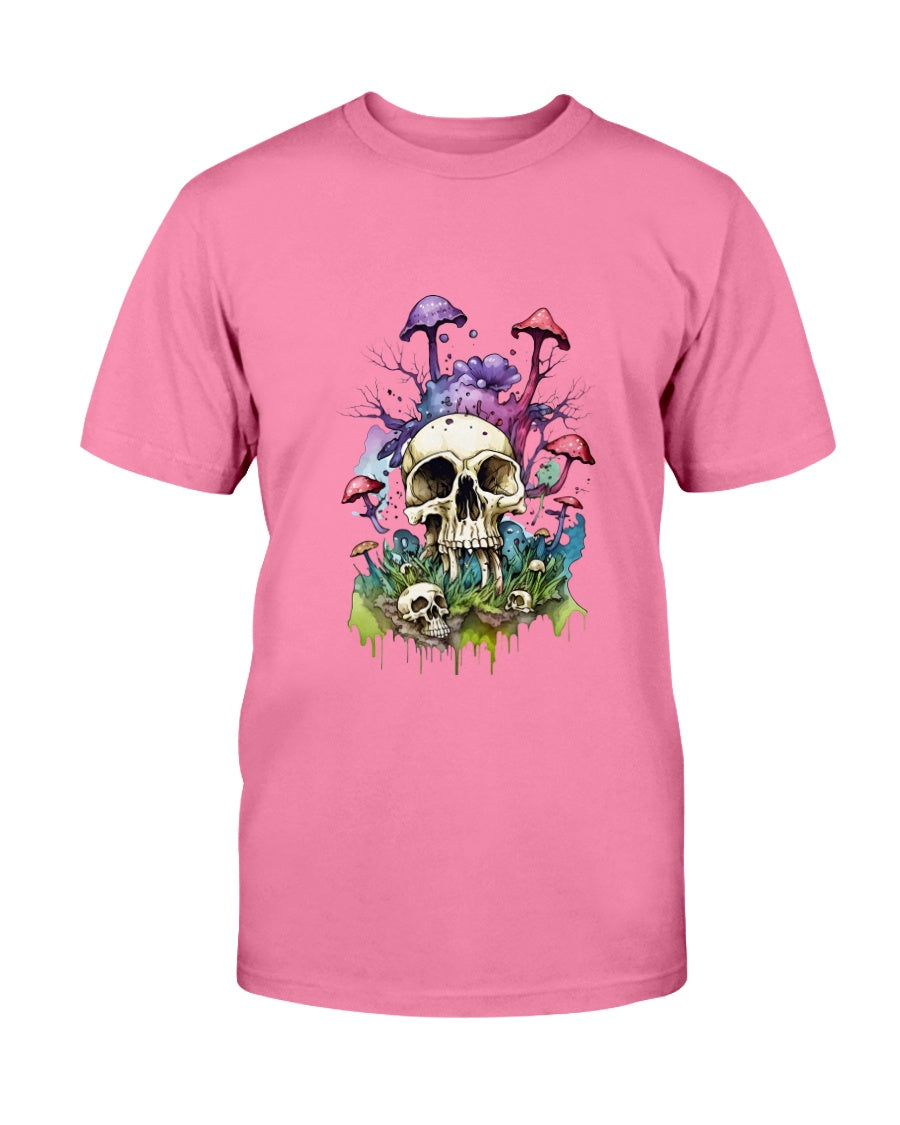 Pink t-shirt with a skull and mushrooms design on a white background