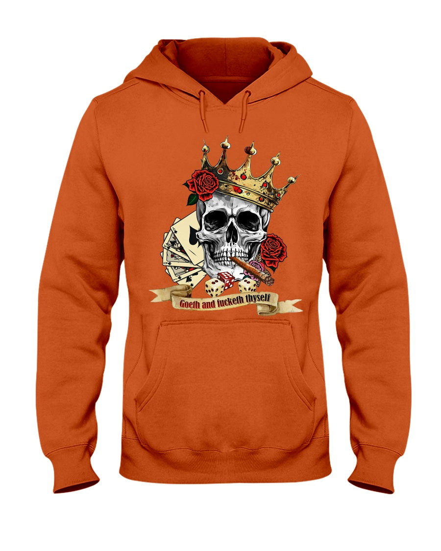 Orange hoodie with a skull and roses design on a white background