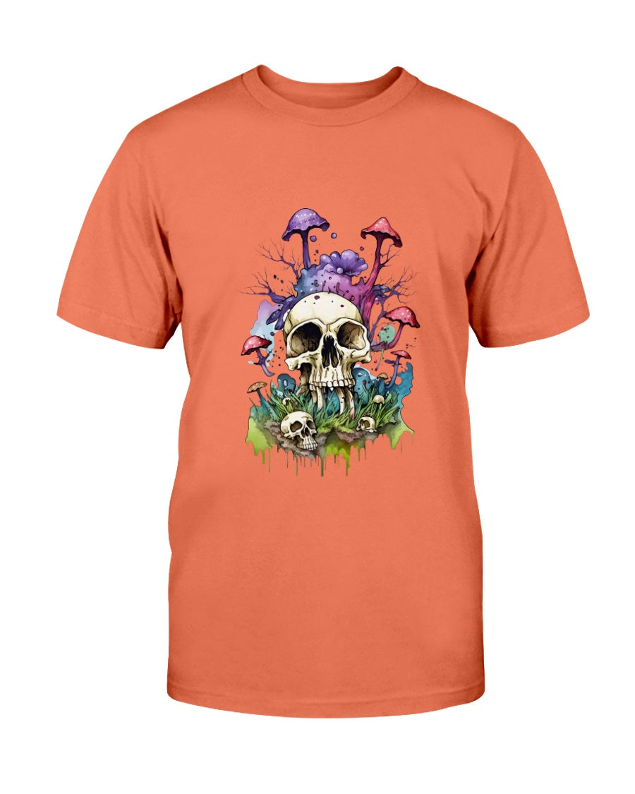 Orange t-shirt with a skull and mushrooms design on a white background