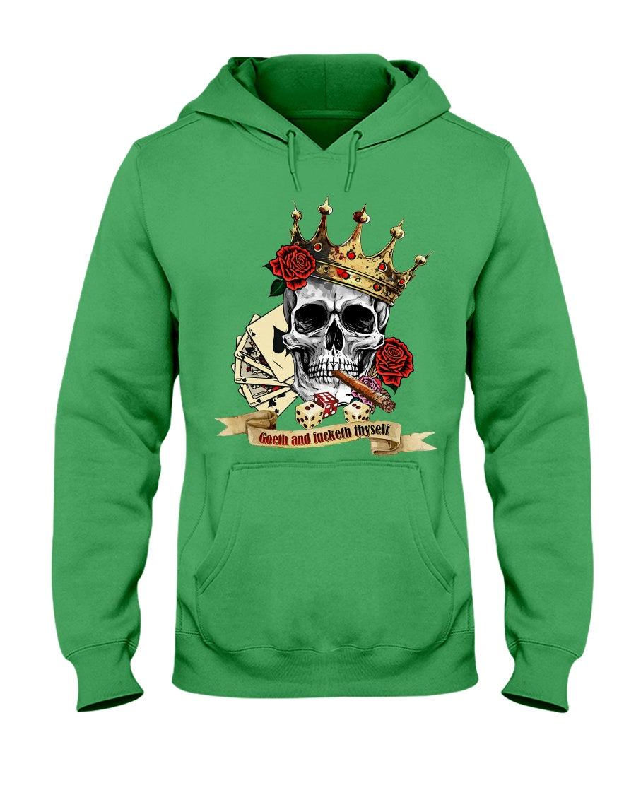 Green hoodie with a skull and roses design on a white background