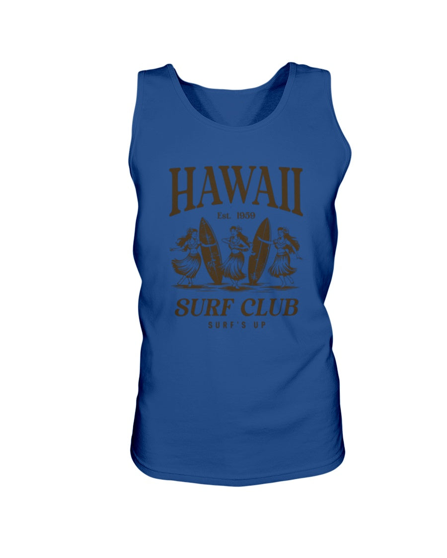 Blue tank top with 'Hawaii Surf Club' text and graphics on a white background