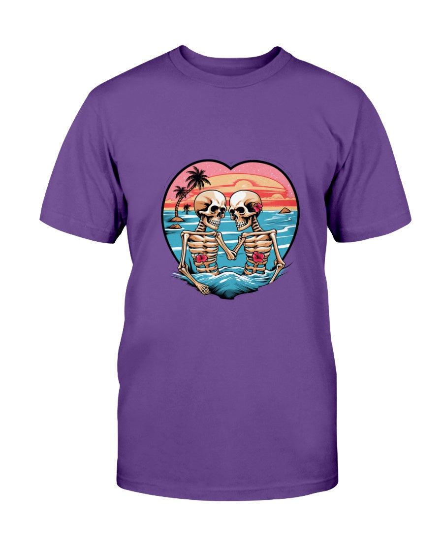 Purple t-shirt with a heart-shaped graphic of two skeletons on a beach.