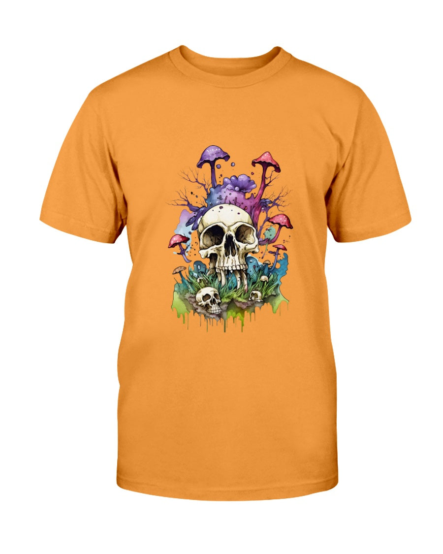 Orange t-shirt with a skull and mushroom design on a white background
