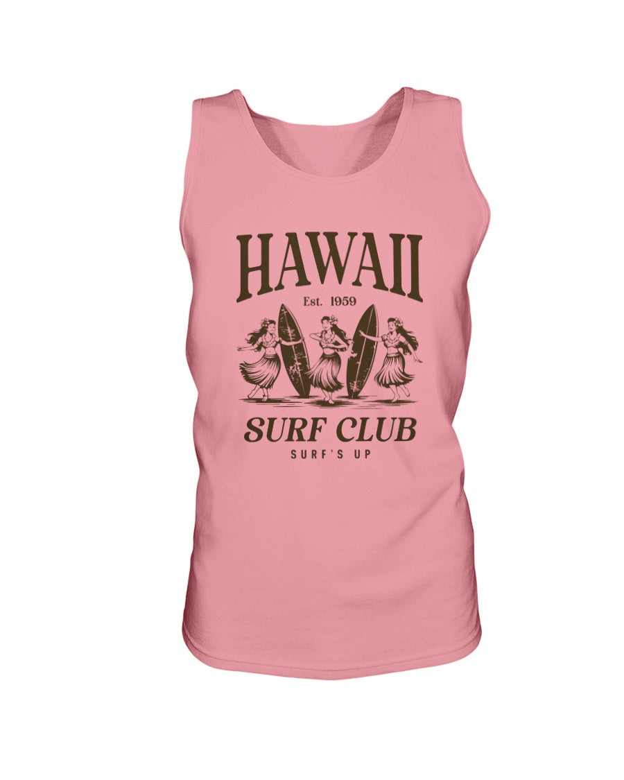 Pink tank top with Hawaii Surf Club graphic on a white background
