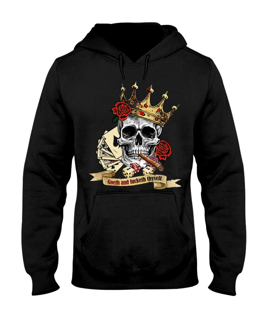 Black hoodie with a skull and roses design on a white background