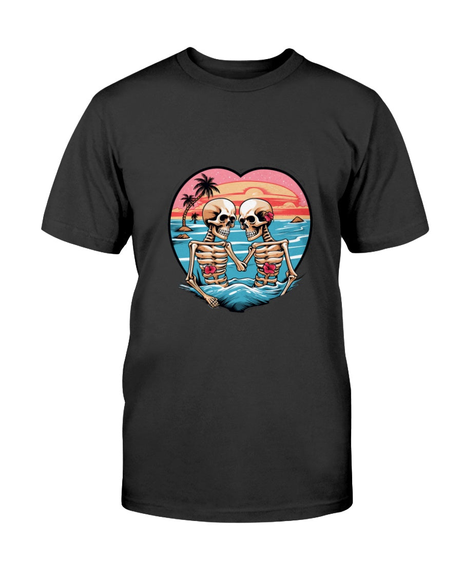 Black t-shirt with a heart-shaped graphic of two skeletons on a beach.