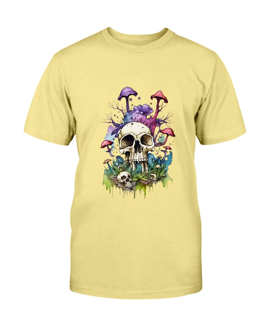 Yellow t-shirt with a skull and mushroom design on a white background