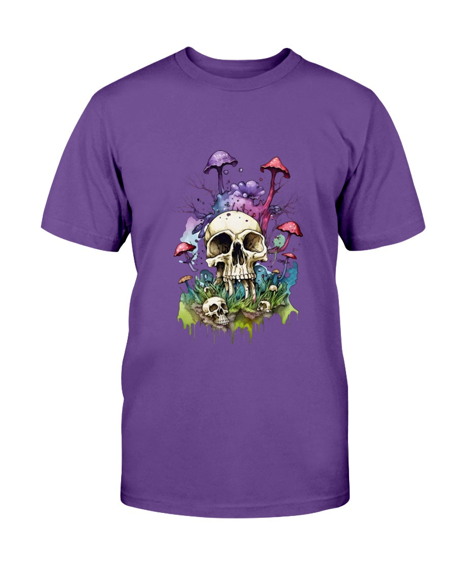Purple t-shirt with a skull and mushrooms design on a white background
