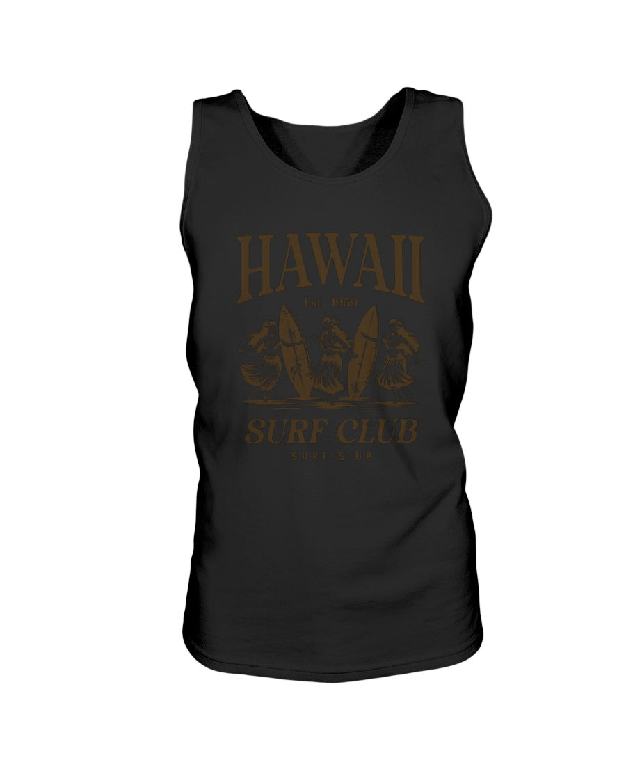 Black tank top with 'Hawaii Surf Club' text and graphics on a white background