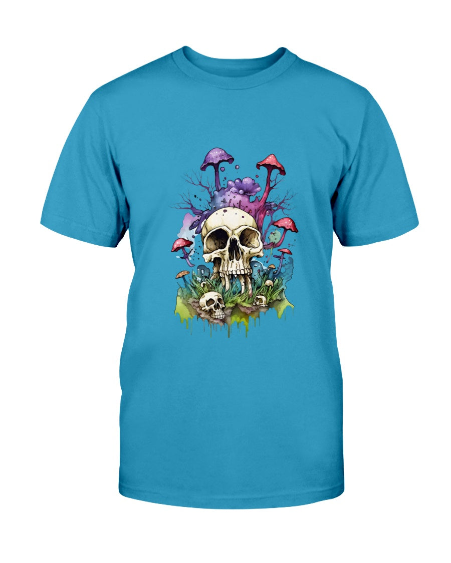 Blue t-shirt with a skull and mushrooms design on a white background