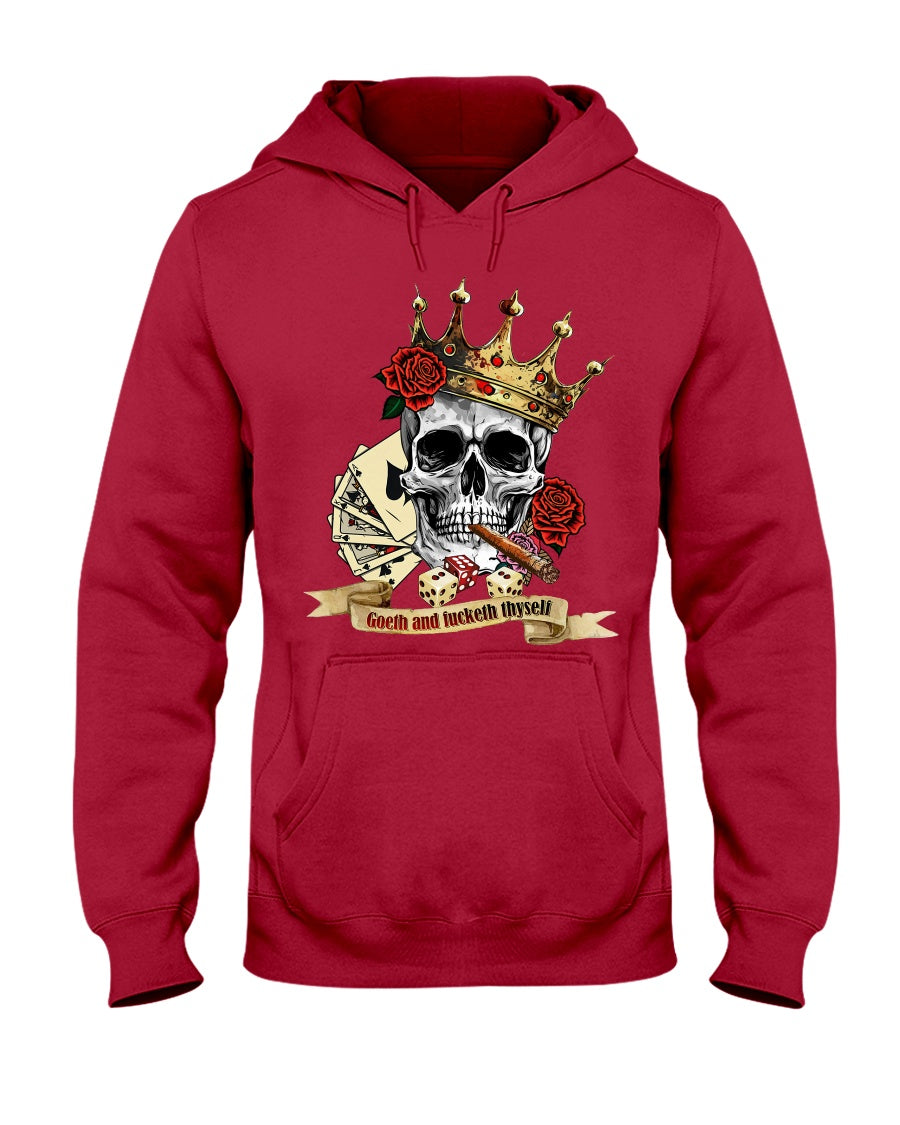 Red hoodie with a skull and crown design on a white background
