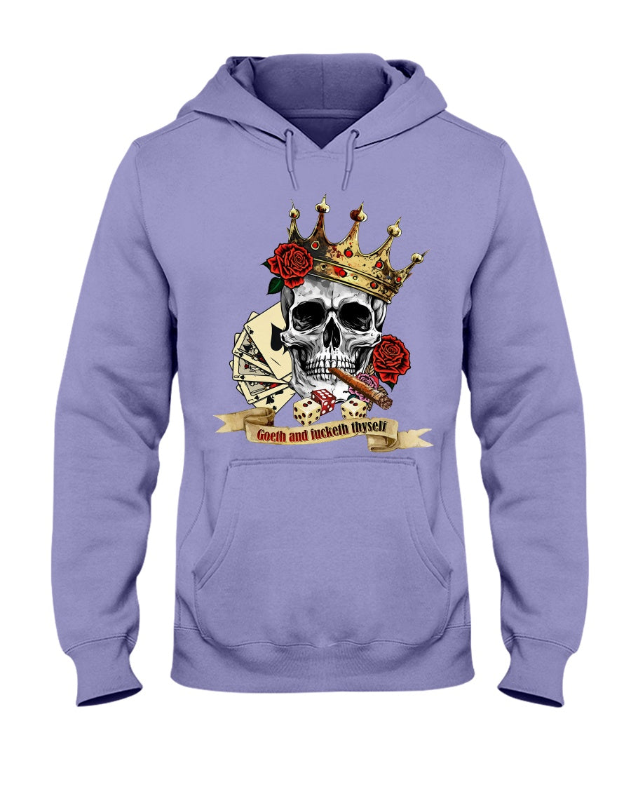 Purple hoodie with a skull and crown design on a white background