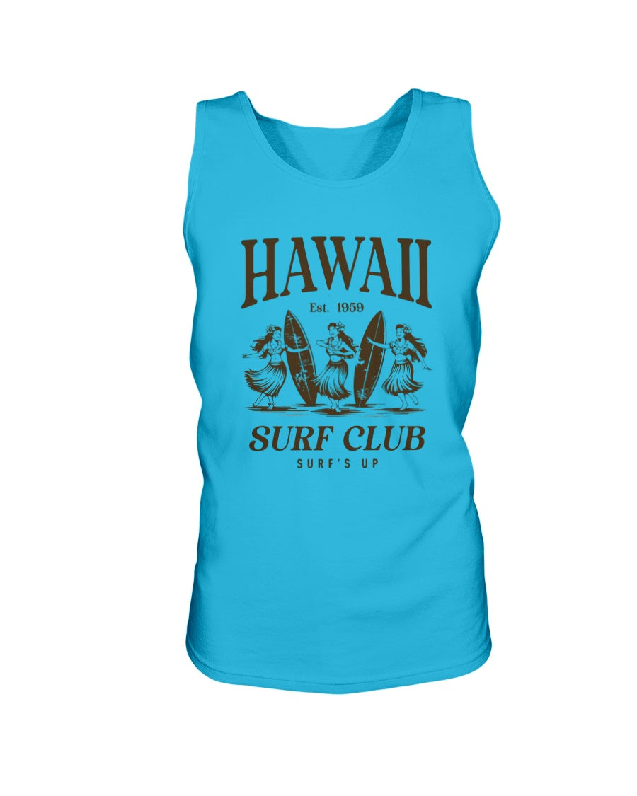 Blue tank top with 'Hawaii Surf Club' graphic on a white background