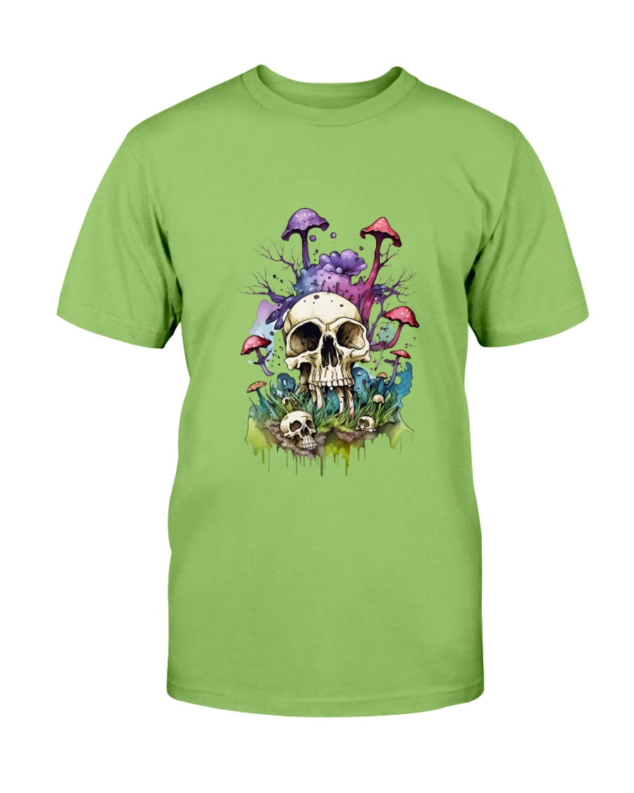 Green t-shirt with a skull and mushrooms design on a white background