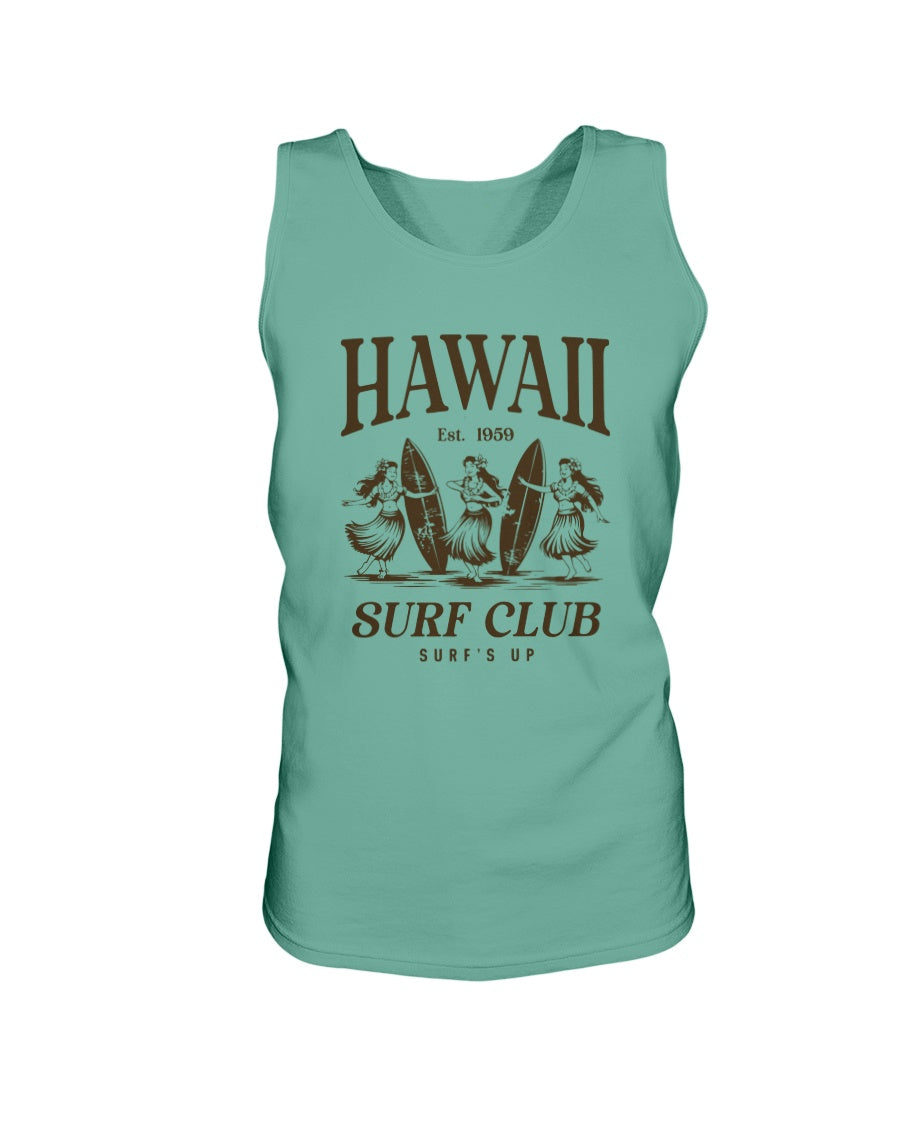 Mint green tank top with brown 'Hawaii Surf Club' graphic on a white background