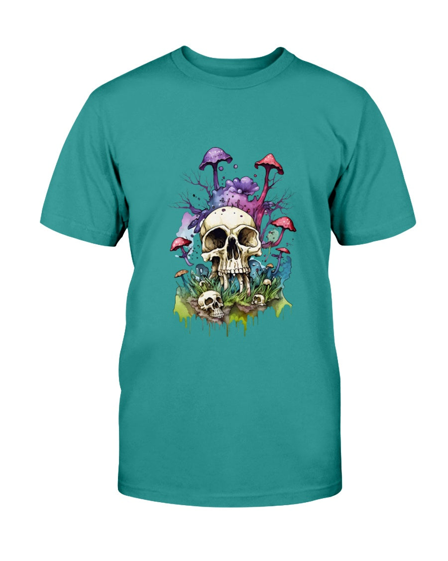 Teal t-shirt with a skull and mushrooms design on a white background