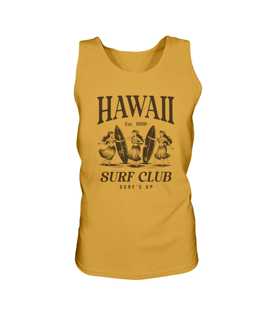 Yellow tank top with 'Hawaii Surf Club' graphic on a white background