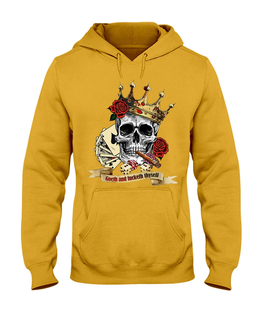 Yellow hoodie with a skull and roses design on a white background