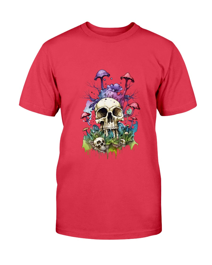 Red t-shirt with a skull and mushrooms design on a white background