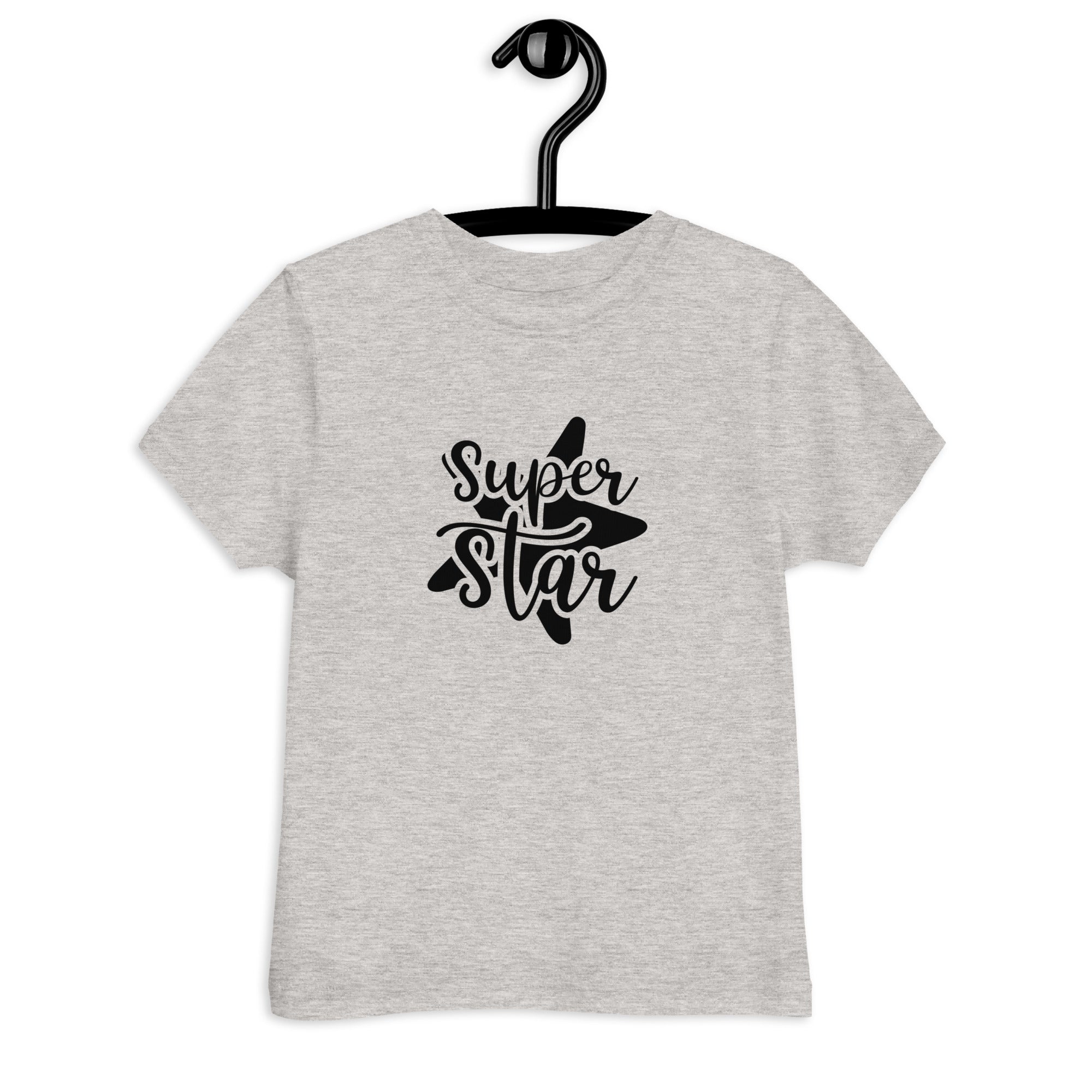 Gray t-shirt with 'Super Star' text on a hanger against a white background