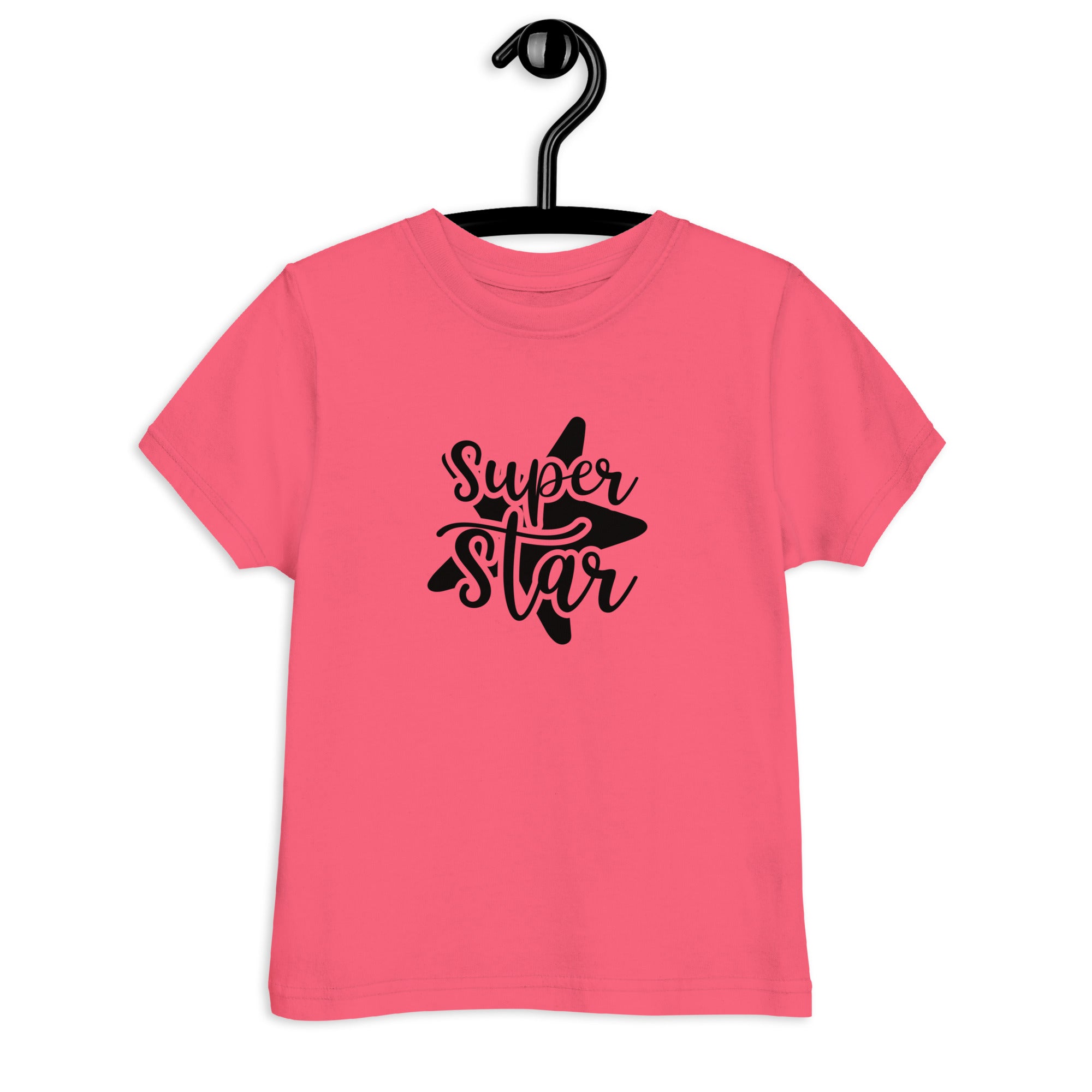 Pink t-shirt with 'Super Star' text on a hanger against a white background